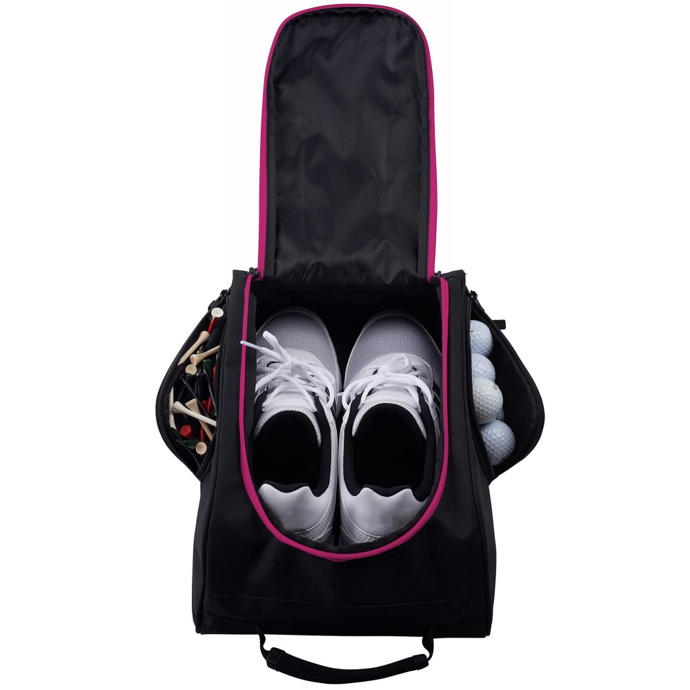 Athletico Golf Shoe Bag - Zippered Shoe Carrier Bags With Ventilation & Outside Pocket for Socks, Tees, etc. (Black/Pink)
