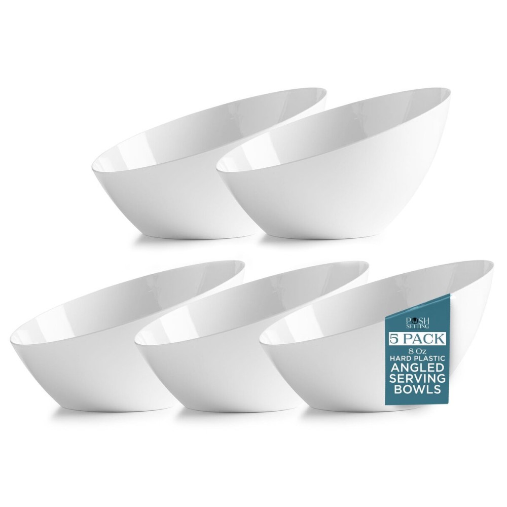 Posh Setting - White Plastic Serving Bowls for Party Angled Bowls Disposable Chip Bowls Candy Bowls for Party Table Salad and Fruit Bowls for Party Wedding Serving Bowls - White, 8 OZ, 5 Pack