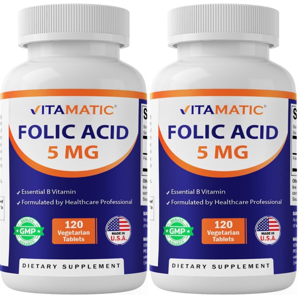 Vitamatic Folic Acid 5mg (5000 mcg) - 120 Vegetarian Tablets per Bottle | Pack of 2 (Total 240 Tablets) Vitamin B9 (Folate) | Supports Heart Health, Brain Function, and Prenatal Wellness