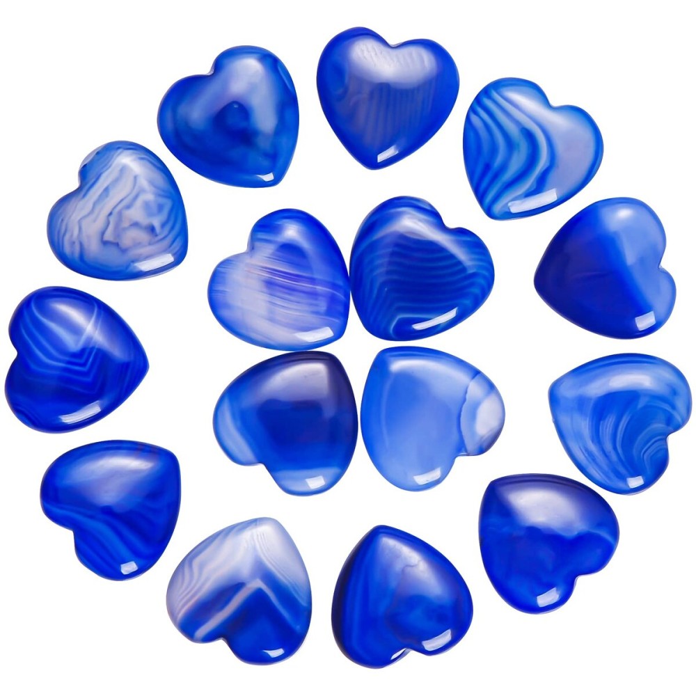Marrywindix 15 Packs 0.8 Inch Healing Crystal Natural Blue Agate Heart Love Carved Palm Worry Stone Chakra Reiki Balancing
