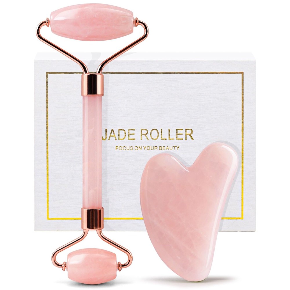 huefull Face Massager Rose Quartz Face Roller & Gua Sha Facial Tool Set, Muscle Tension Relief, Skin Care Gifts for Woman/Men, Skin Care Gifts