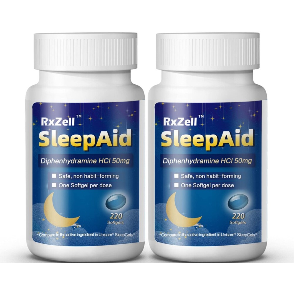 RXZELL Sleep Aid, Diphenhydramine Softgels 50mg, Easy-to-Swallow, Supports Deeper Restful Sleeping, Non Habit-Forming (220 Counts | Pack of 2)