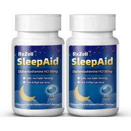 RXZELL Sleep Aid, Diphenhydramine Softgels 50mg, Easy-to-Swallow, Supports Deeper Restful Sleeping, Non Habit-Forming (220 Counts | Pack of 2)