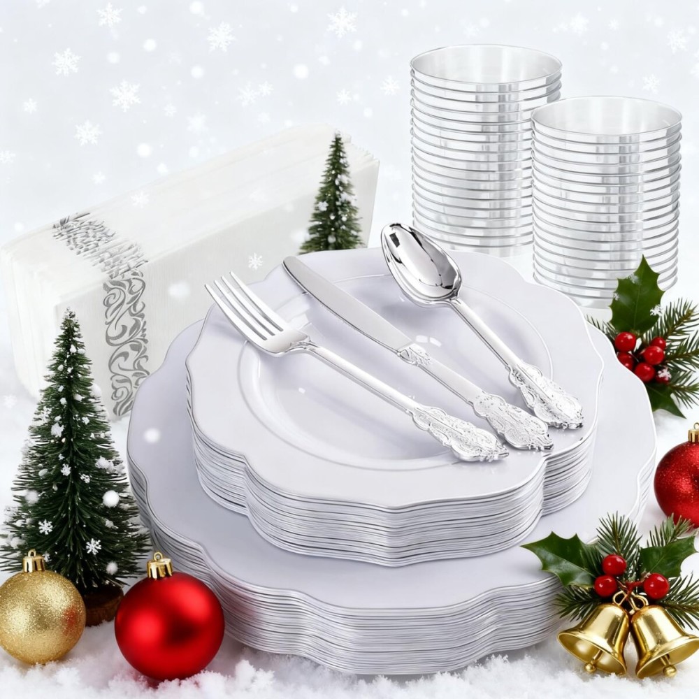 NOCCUR 175pcs Silver Plastic Plates - Silver Rim Plastic Tableware Include 25 Dinner/Dessert Plates, 25 Forks, 25 Knives, 25 Spoons for Wedding/Party/Christmas