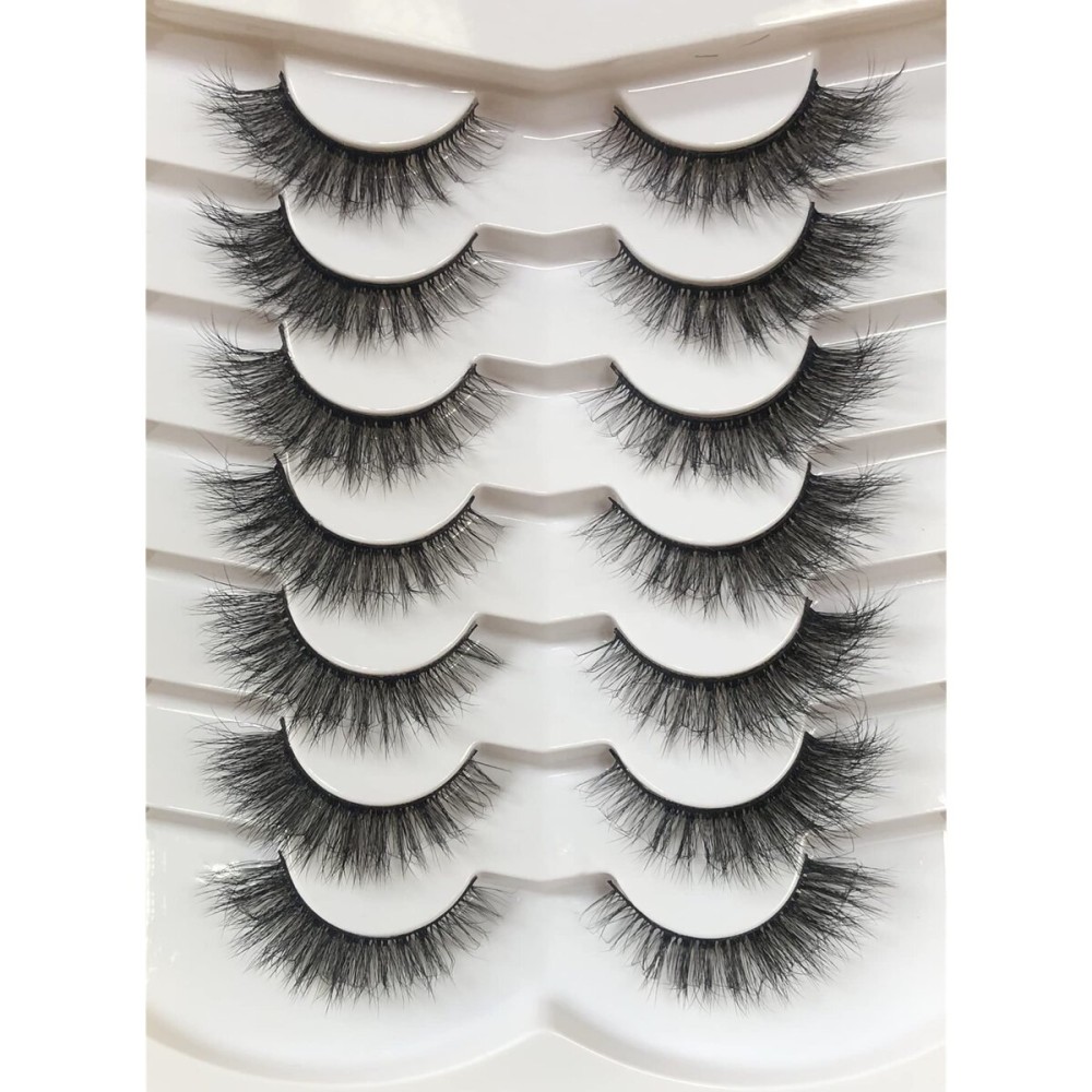Pooplunch False Eyelashes Natural Cat Eye Look Wispy Volume Faux Mink Lashes 7 Pairs Pack 8D Soft Curly Fluttery Short Fake Eyelash Strips for Daily Use