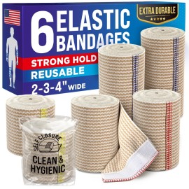 High-Performance Elastic Bandage Wrap - 6 Pack (2x2in, 2x3in, 2x4in) - Self-Closing Strong Compression Bandage Wrap for Feet, Ankles, Wrists, and Knees