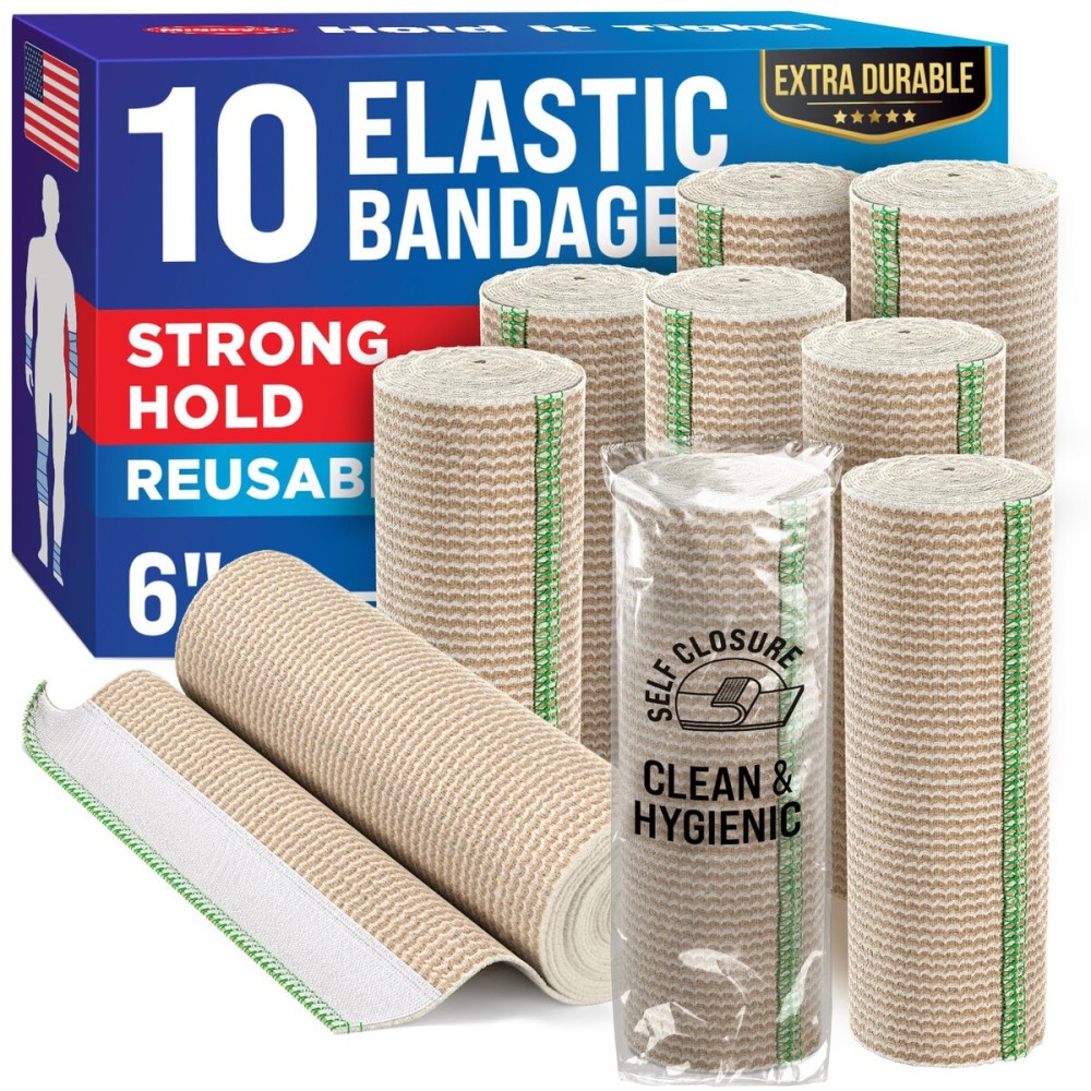6 Premium Elastic Bandage Wrap - 10 Pack - Hook & Loop Closures - Wide Compression Bandage Wrap - Waist, Legs, Knee, Lymphedema, Body Wrap