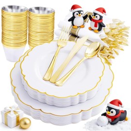 Morejoy 175PCS Gold Plastic PlatesWhite Gold Disposable Plates with Pre Rolled Napkins:25 Dinner Plates,25 Dessert Plates,25 Spoons,25 Forks,25Knives,25Cups,25Napkins for Party & Christmas