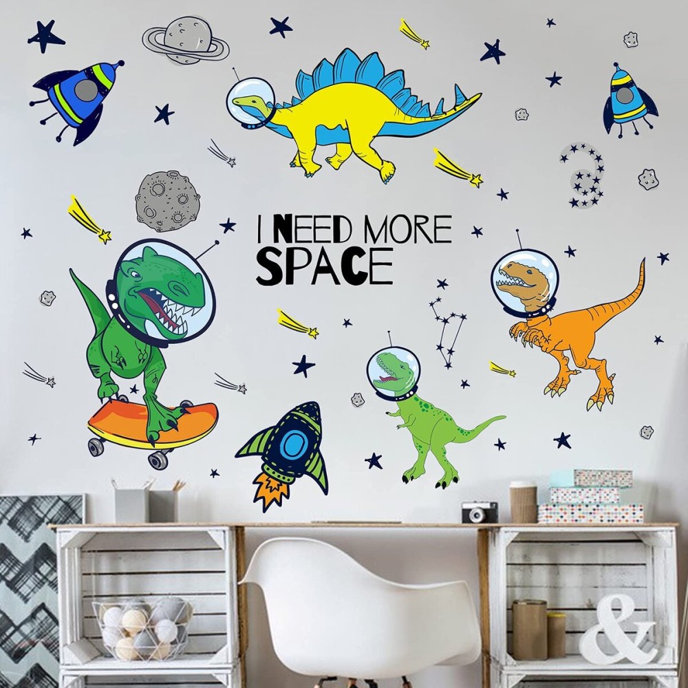 Yovkky Boys Space Dinosaurs Astronauts Wall Decal, Peel Stick Funny Dino Animal Planet Sticker Nursery Rocket Spaceship Decor, Home Baby Room Decorations Kids Bedroom Playroom Art Party Supply Gifts
