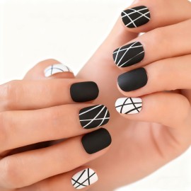 Black Matte Press On Nails With Designs Easy French Manicure Faux Ongles Decoration Fake Stick On Nails For Women Gold Metallic Moo