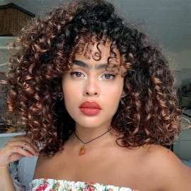 YEAME Curly Wigs for Black Women - Kinky Curly Afro Wig with Bangs, Brown Mixed Black, 15 Inch, Heat Resistant Synthetic Fiber