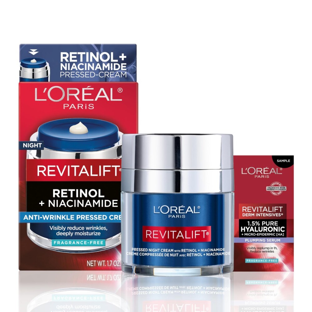 L\'Oreal Paris Revitalift Pressed Night Cream, Retinol + Niacinamide, Reduces Wrinkles, Fragrance Free, 1.7 oz + Serum Sample