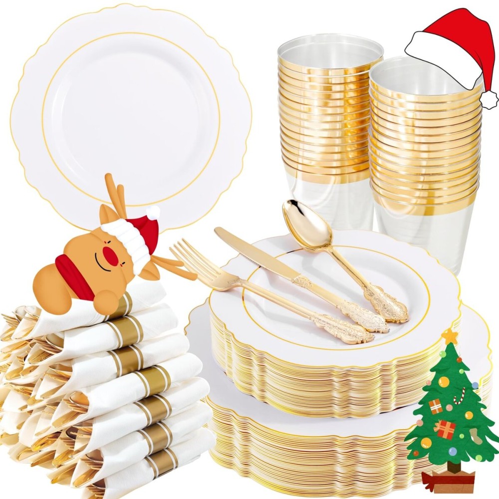 Liacere 350PCS Gold Plastic Plates-Disposable White and Gold Plates 50guest Baroque Plastic Dinnerware include 100Plates, 50Pack Pre Rolled Napkins with Silverware 50Cups for Wedding&Christmas