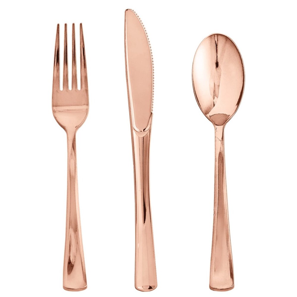 FOCUSLINE 75 Pack Rose Gold Plastic Silverware Disposable Cutlery Set - 25 Forks Knives Spoons - Disposable Flatware Heavy Duty Plastic Utensils Set for Catering, Parties, Dinners, Weddings