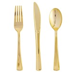 FOCUSLINE 75 Pack Gold Plastic Silverware Disposable Cutlery Set - 25 Forks Knives Spoons - Disposable Flatware Heavy Duty Plastic Utensils Set for Catering, Parties, Dinners, Weddings