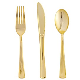 FOCUSLINE 75 Pack Gold Plastic Silverware Disposable Cutlery Set - 25 Forks Knives Spoons - Disposable Flatware Heavy Duty Plastic Utensils Set for Catering, Parties, Dinners, Weddings