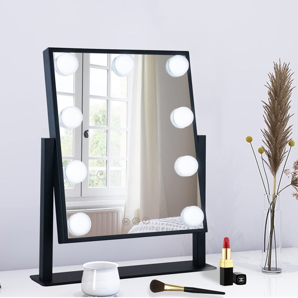 BWLLNI Lighted Makeup Mirror Hollywood Mirror Vanity Mirror with Lights, Touch Control Design 3 Colors Dimable LED Bulbs, Detachable 10X Magnification, 360Rotation, Black.
