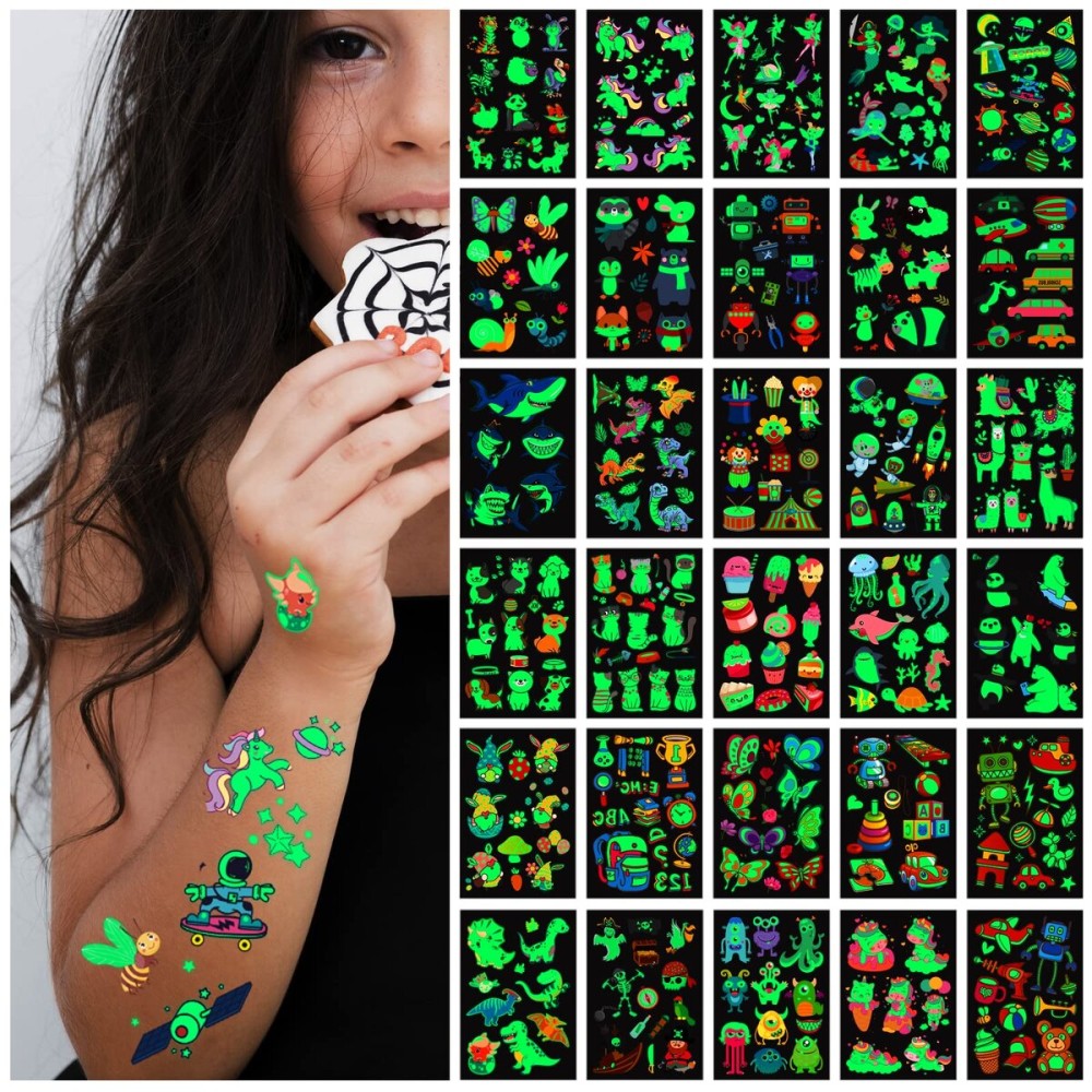 Awinmay 400Pcs Luminous Tattoos For Kids,Mixed Styles Temporary Tattoo Stickers,Glow In The Dark Tattoos for Boys and Girls,Mermaid Dinosaur Butterfly Fake Tattoo or more party makeup gifts 30 Sheets