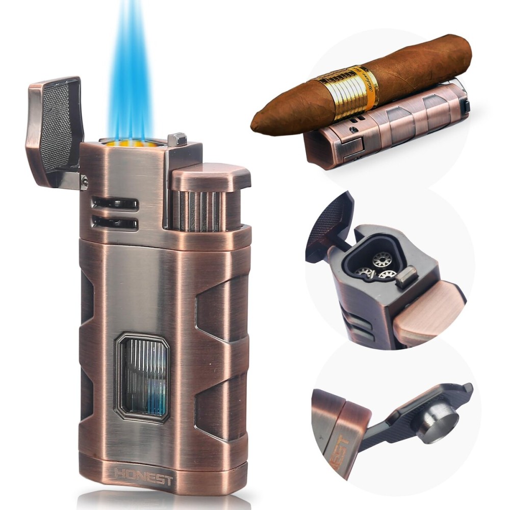 Metal Lighter Triple Jet Flame Refillable Butane Cigar Lighters Windproof Lighter with Cigar Punch Rest Holder - Butane Not Included (Red Copper)
