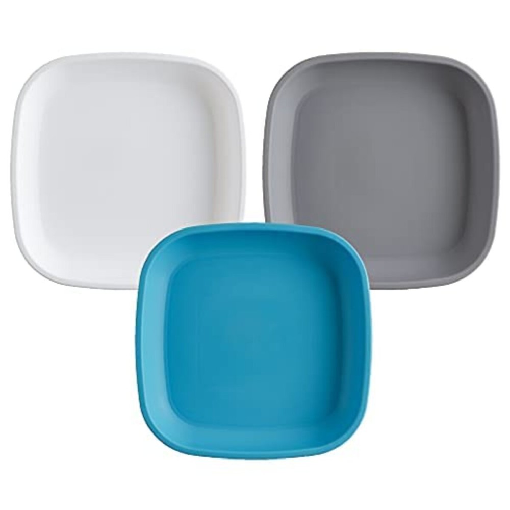Re-Play Toddler Plates - 22 Oz. Deep-Walled Flat Kids Plates - Dishwasher & Microwave Safe - Made in USA - Set of 3-7.37 x 7.37 x 1.25 - Modern Blue