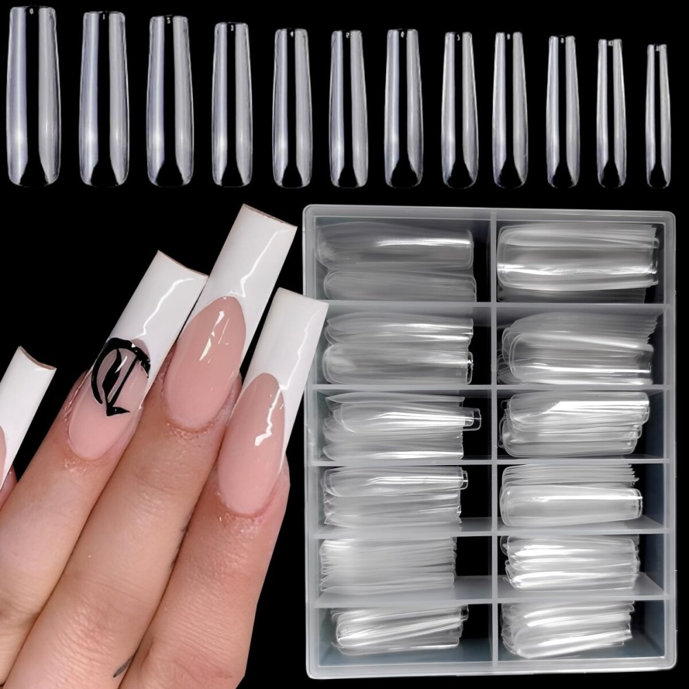 240pc XL Clear Square Acrylic Nail Tips Full Cover Extra Long Square Fake Nails Press on Nail Clear False Nails 10 Sizes Artificial Nails Tip for Gel Nail Extension Fingernails Designs