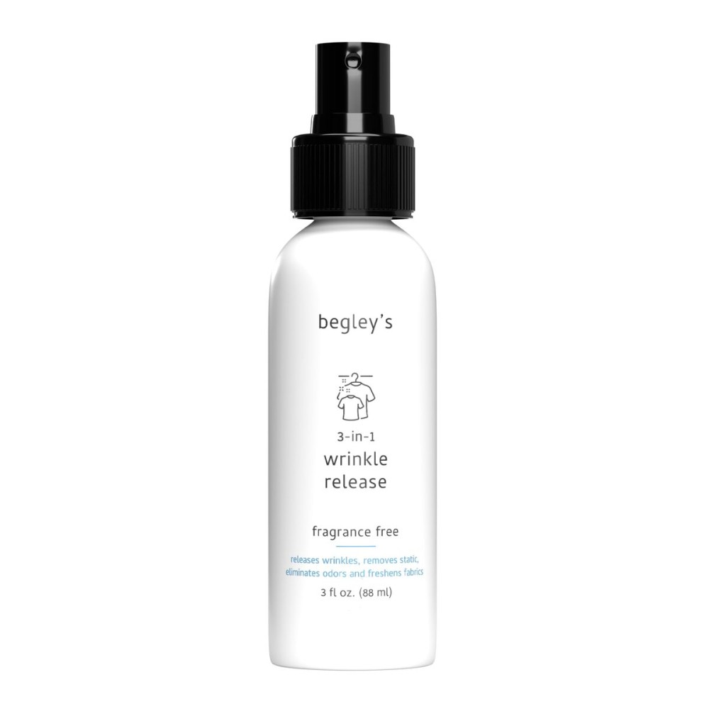 Begley\'s 3-in-1 Wrinkle Remover, Quick Fix Wrinkle Release, Static Cling Remover, Odor Eliminator and Fabric Refresher Spray - USDA Certified Biobased - Fragrance-Free, 3 oz Travel Size