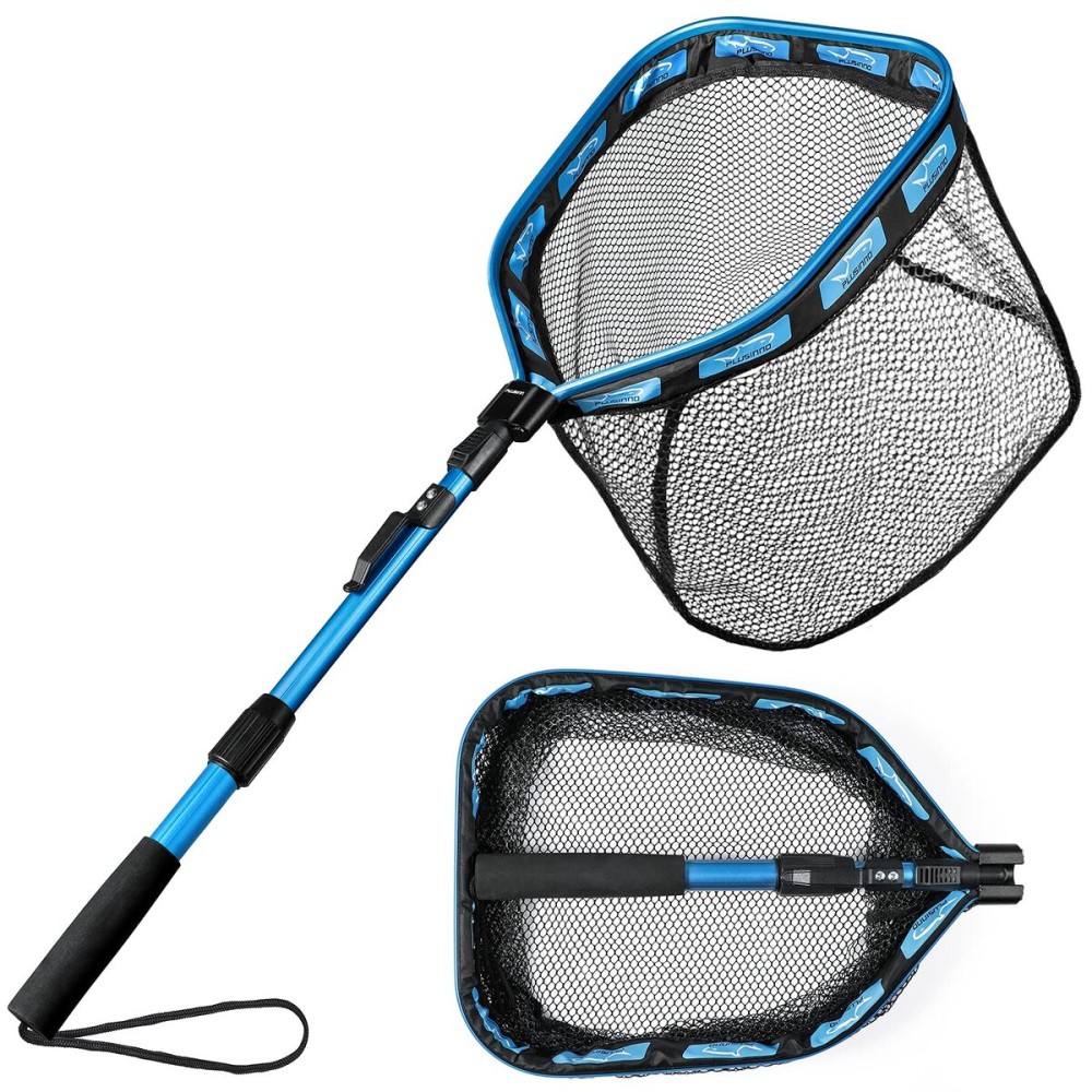 PLUSINNO Floating Fishing Net for Steelhead, Salmon, Fly, Kayak, Catfish, Bass, Trout Fishing, Rubber Coated Foldable Landing Net with Telescoping Pole Handle, Fishing Gear and Gifts for Men (1.0M)
