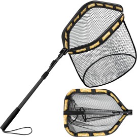 PLUSINNO Floating Fishing Net for Steelhead, Salmon, Fly, Kayak, Catfish, Bass, Trout Fishing, Rubber Coated Foldable Landing Net with Telescoping Pole Handle, Fishing Gear and Gifts for Men (1.5M)