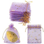 SUMAJU 100 Pieces Moon Star Organza Jewelry Candy Bags, 2.7x3.5 Inch Sheer Purple Organza Pouch Small Gift Bags with Drawstring for Wedding Christmas Party Favors