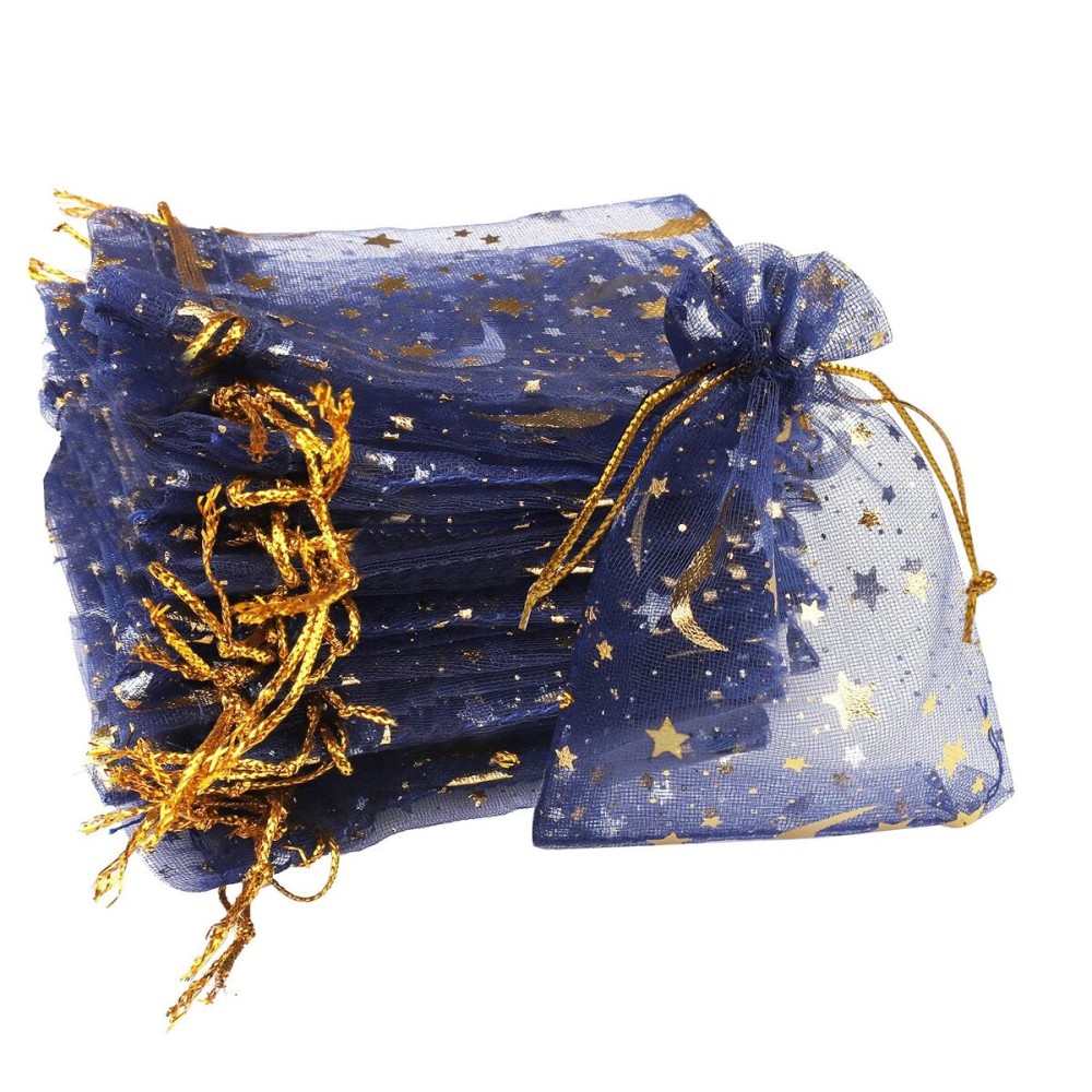 SUMAJU 100 Pieces Moon Star Organza Jewelry Candy Bags, 2.7x3.5 Inch Sheer Navy Organza Pouch Small Gift Bags with Drawstring for Wedding Christmas Party Favors