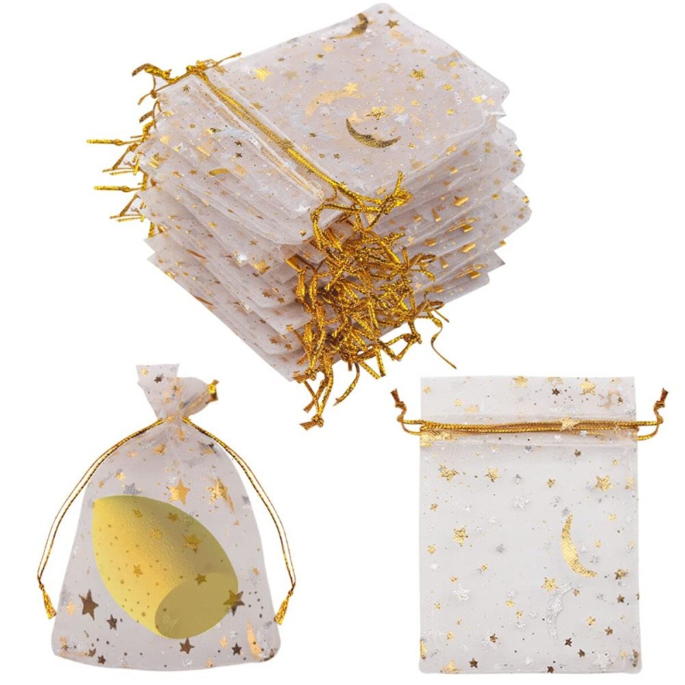 SUMAJU 100 Pieces Moon Star Organza Jewelry Candy Bags, 2.7x3.5 Inch Sheer White Organza Pouch Small Gift Bags with Drawstring for Wedding Christmas Party Favors