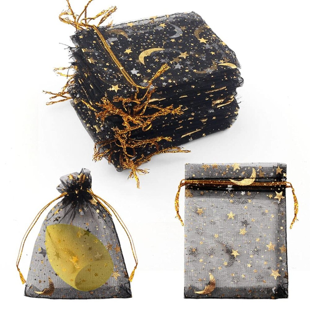 SUMAJU 100 Pieces Moon Star Organza Jewelry Candy Bags, 2.7x3.5 Inch Sheer Black Organza Pouch Small Gift Bags with Drawstring for Wedding Christmas Party Favors