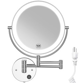 Benbilry 9 Large Size Wall Mounted Lighted Makeup Vanity Mirror, 1X/10X Magnifying 2-Sided AC Plug-in Powered Bathroom Mirror, 360 Swivel 13 Inch Extendable Arm, Chrome
