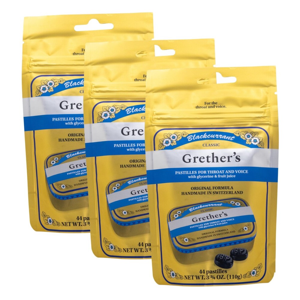 GRETHER\'S Original Blackcurrant Pastilles Natural Remedy for Dry Mouth Relief - Soothing Throat & Healthy Voice - Long-Lasting Fruit Flavor, Gift for Singers - Gluten-Free - 3-Pack - 3.7 oz