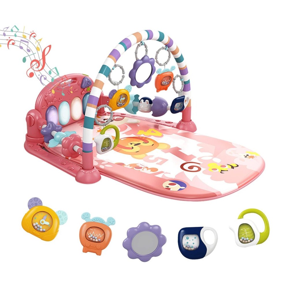 dearlomum Baby Play Mat Gym, Funny Play Piano Tummy Time Activity Mat with 5 Infant Sensory Toys, Music and Lights, Boy & Girl Gifts for Newborns 0 to 3 6 9 12 Months (Pink)