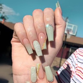 RikView Press on Nails Long Acrylic Nails Coffin Fake Nails Green Nails with Rhinestones