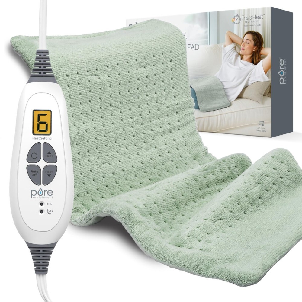 Pure Enrichment PureRelief XL Heating Pad - 12 x 24 Electric Heating Pad for Back Pain & Cramps, 6 Heat Settings, FSA/HSA Eligible, Soft Machine Wash Fabric, Auto-Off & Moist Heat (Zen Green)