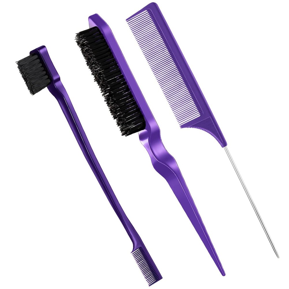 Geiserailie 3 Pcs Slick Back Hair Brush Set Bristle Brush Edge Control Teasing Comb for Women Black Hair(Purple)