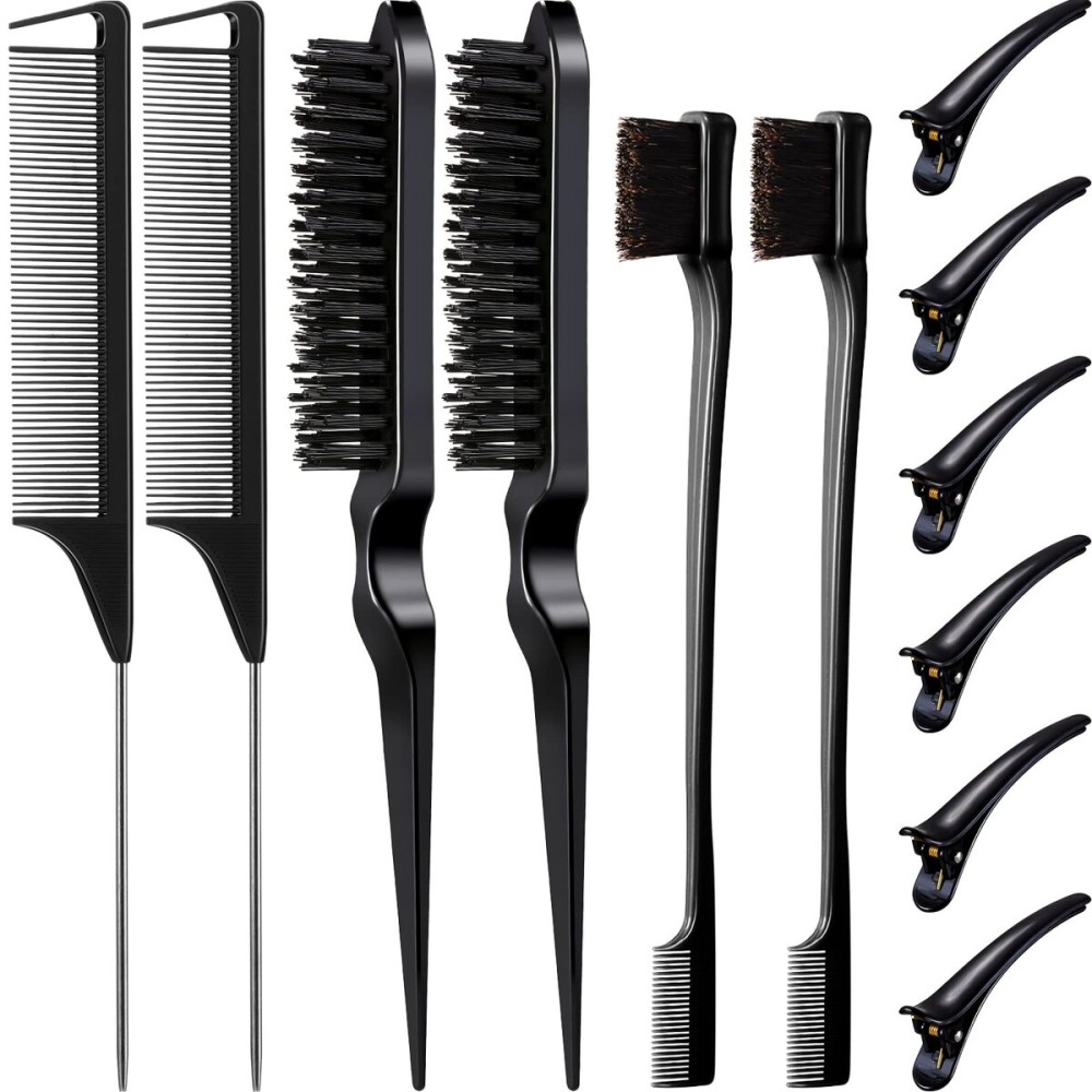 Remerry Hair Brush Set, 12 Pieces Nylon Brushes Including 3 Row Salon Teasing Brushes, Double Sided Edge Brush, Rat Tail Combs, Duckbill Clips for Women Girls - Black