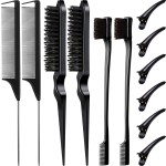 Remerry Hair Brush Set, 12 Pieces Nylon Brushes Including 3 Row Salon Teasing Brushes, Double Sided Edge Brush, Rat Tail Combs, Duckbill Clips for Women Girls - Black