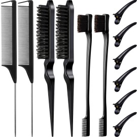 Remerry Hair Brush Set, 12 Pieces Nylon Brushes Including 3 Row Salon Teasing Brushes, Double Sided Edge Brush, Rat Tail Combs, Duckbill Clips for Women Girls - Black