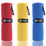 Handy Picks Microfiber Golf Towel (16 X 16) with Carabiner Clip, Waffle Pattern Golf Towel Hook and Loop Fastener - The Convenient Golf Cleaning Towel Red/Blue/Yellow