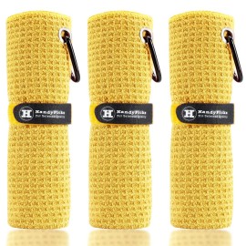 Handy Picks Microfiber Golf Towel (16 X 16) with Carabiner Clip, Waffle Pattern Golf Towel Hook and Loop Fastener - The Convenient Golf Cleaning Towel Yellow