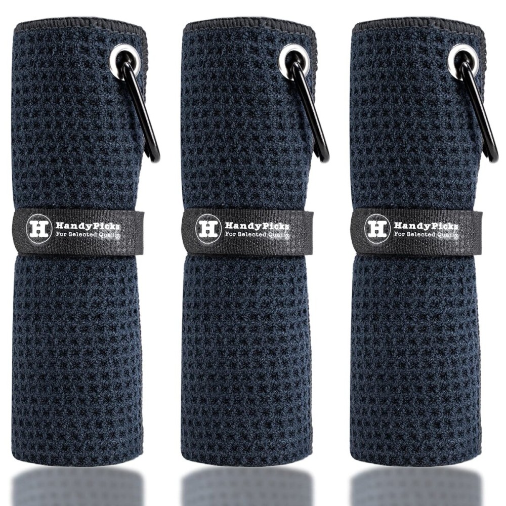 Handy Picks Microfiber Golf Towel (16 X 16) with Carabiner Clip, Waffle Pattern Golf Towel Hook and Loop Fastener - The Convenient Golf Cleaning Towel Black