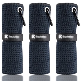 Handy Picks Microfiber Golf Towel (16 X 16) with Carabiner Clip, Waffle Pattern Golf Towel Hook and Loop Fastener - The Convenient Golf Cleaning Towel Black