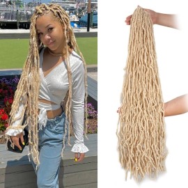 Leeven 30 Inch Blonde Natural Butterfly Soft Locs Distressed New Faux Locs Crochet Braids 1 Pack Pre Looped Long Goddess Locs Curly Afro Roots Synthetic Hair Extensions for Women 613