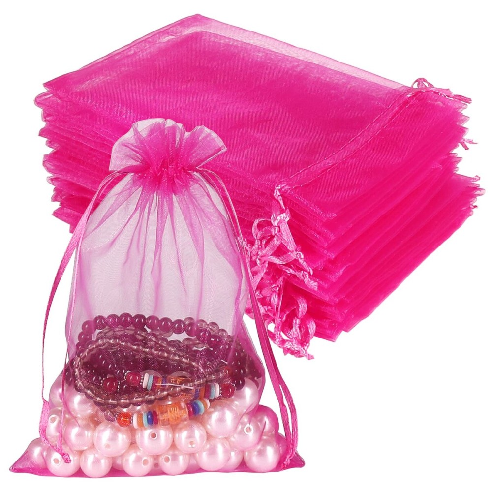 HRX Package Hot Pink Organza Bags 100pcs, 5 x 7 inch Mesh Drawstring Gift Bags Jewelry Pouches Small Sachet for Christmas Candy Party Favor