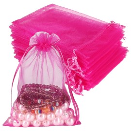 HRX Package Hot Pink Organza Bags 100pcs, 5 x 7 inch Mesh Drawstring Gift Bags Jewelry Pouches Small Sachet for Christmas Candy Party Favor