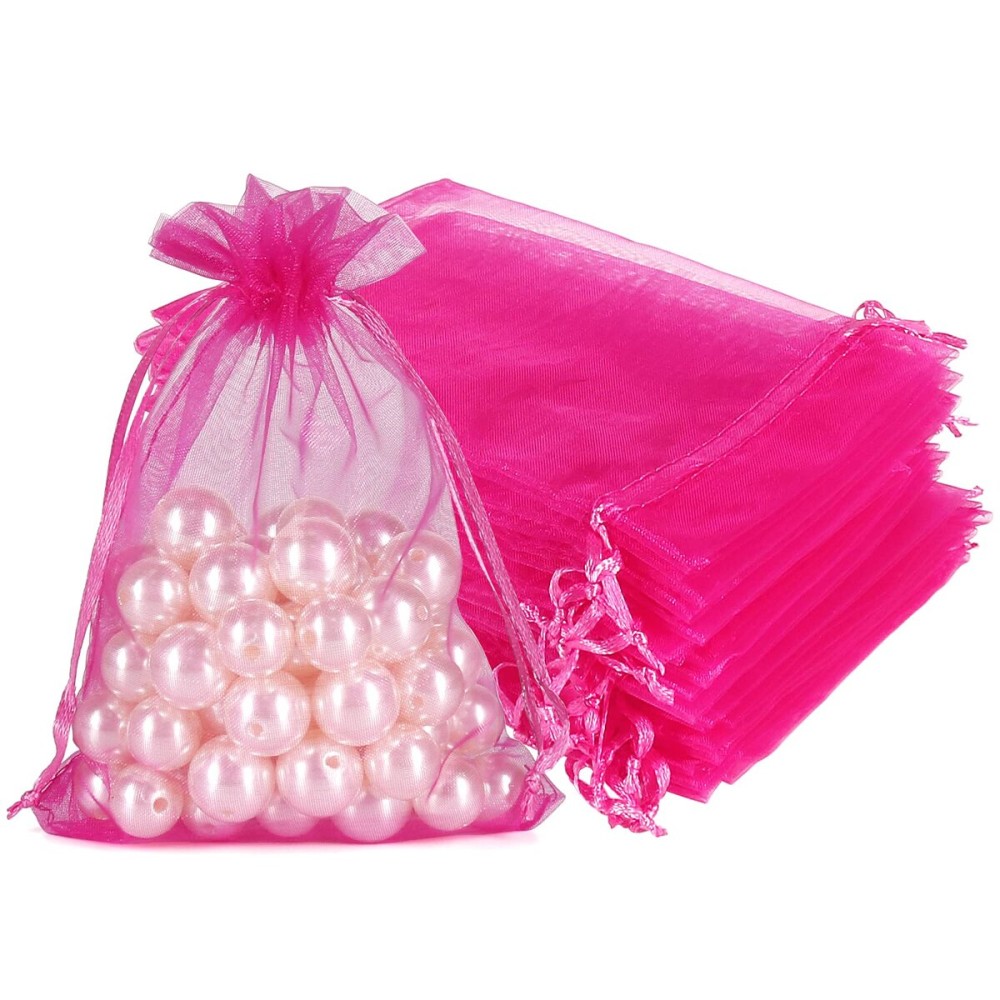 HRX Package Hot Pink Organza Bags 100pcs, 4 x 6 inch Mesh Drawstring Gift Bags Jewelry Pouches Small Sachet for Christmas Candy Party Favor