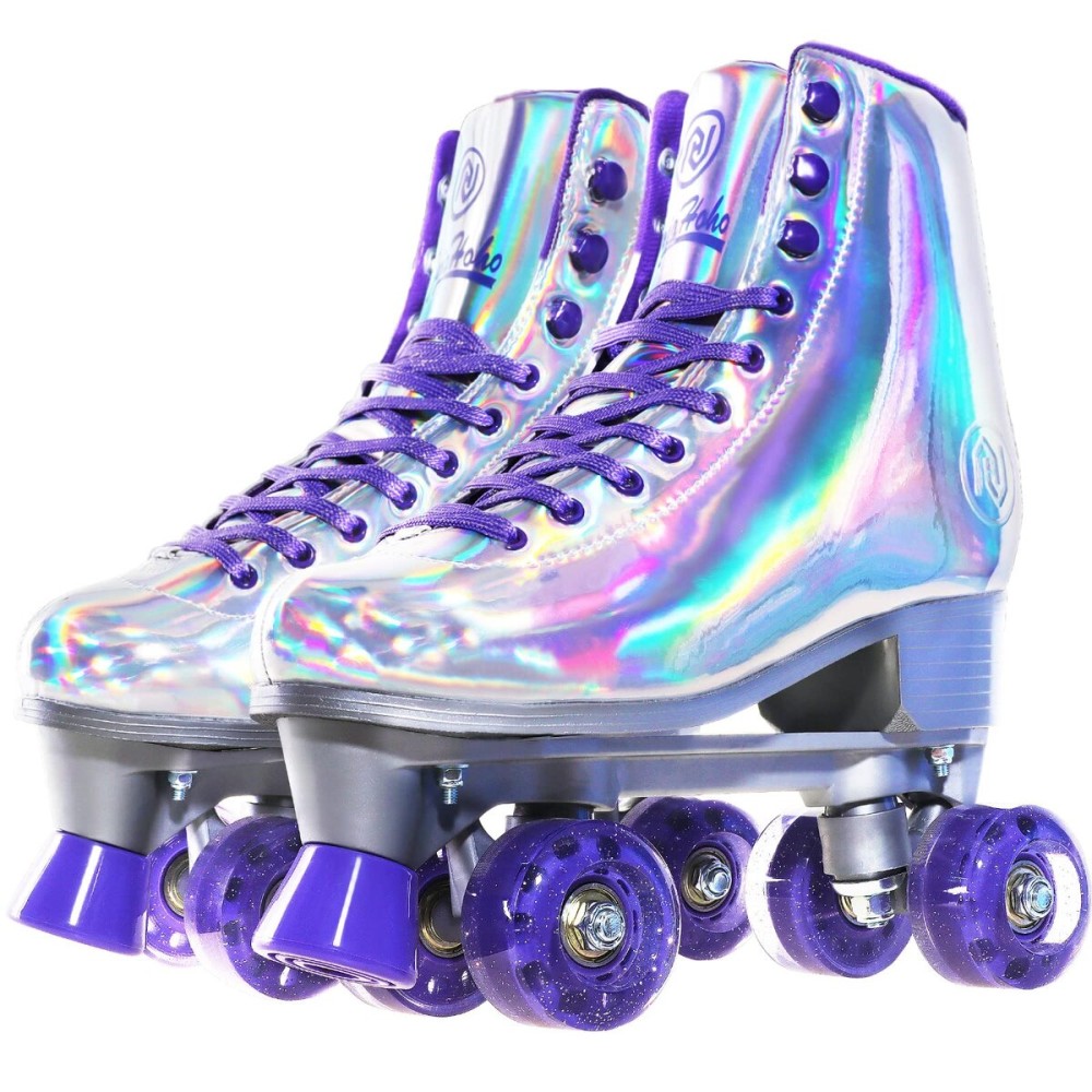 JajaHoho Roller Skates for Women, Holographic High Top Classic Rollerskates, Shiny Double-Row Glitter Four Wheels Quad Skates for Girls, Age 3-50, Indoor &Outdoor (Size 9, Silver Purple)